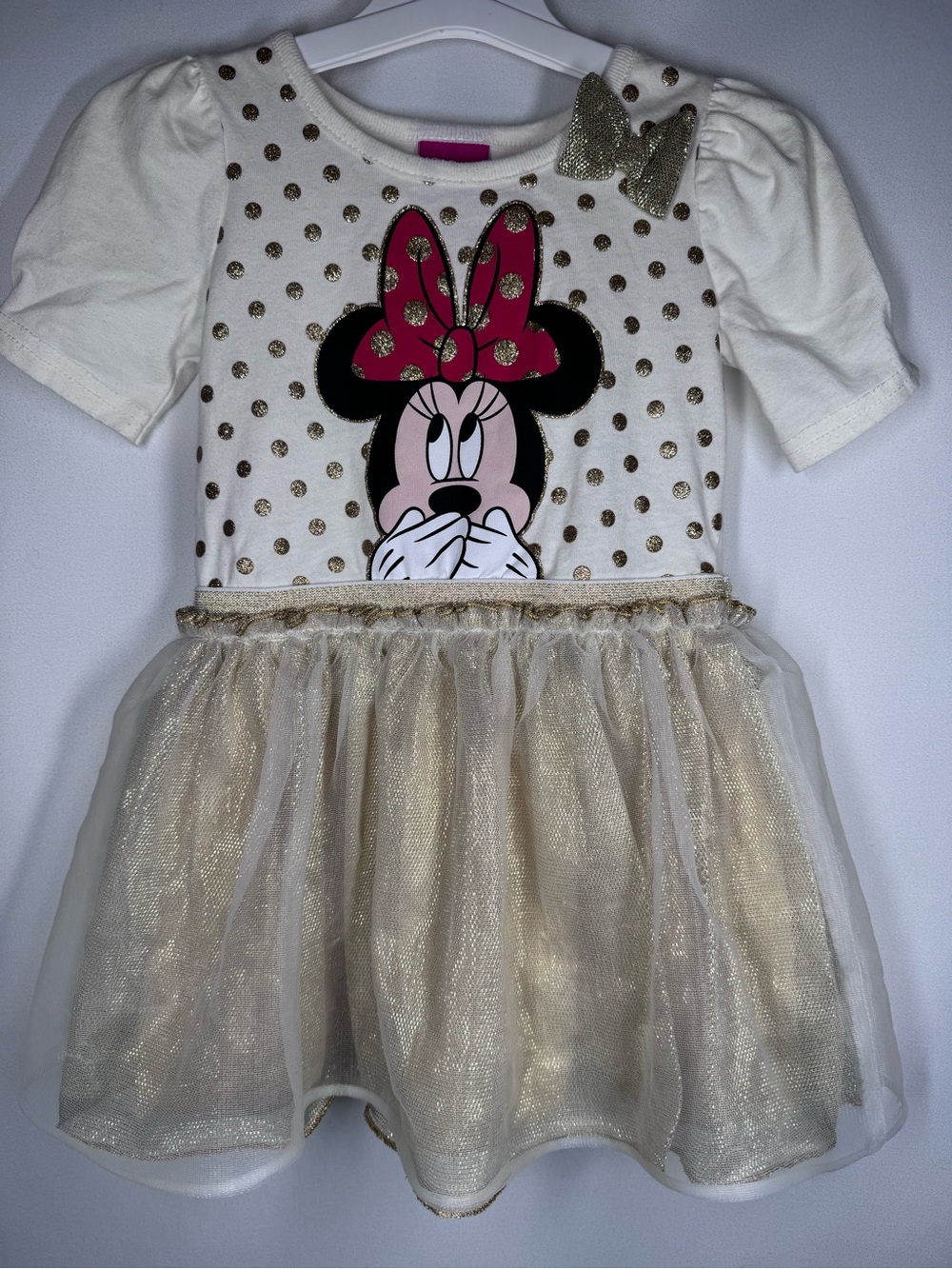 💜3/$15 Disney Minnie Mouse Toddler Girls Gold Tulle Tutu Dress Polka Dot Size 2T
